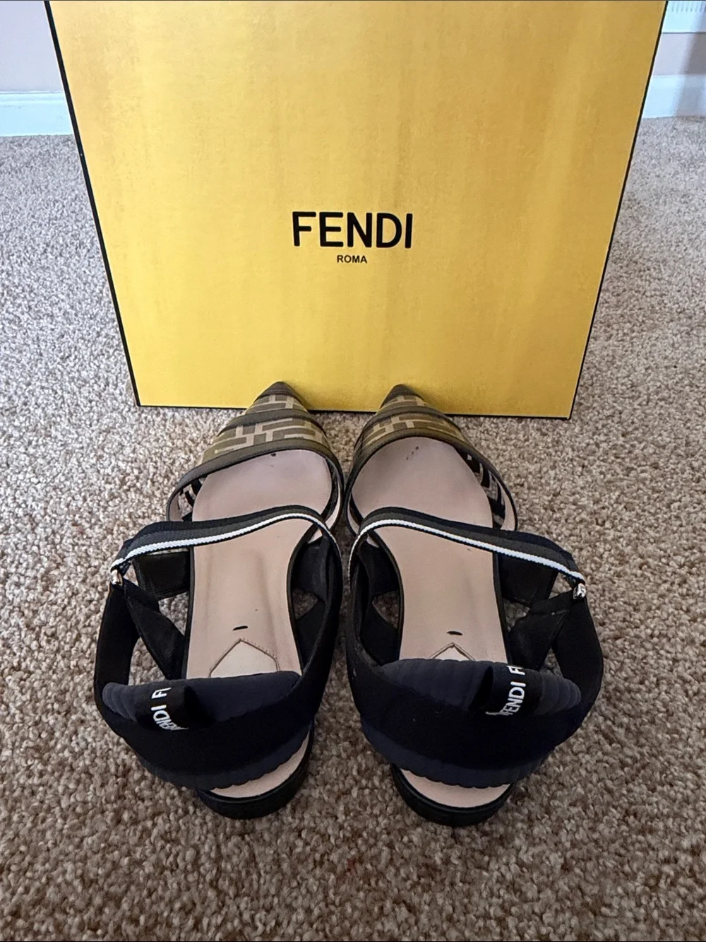 Fendi Black and Tan Logo Pointed Slingback Flats